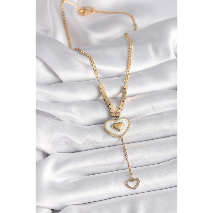 Erb 316L Çelik Gold Renk Beyaz Sedefli Kalp Model Sallantı Detay Kadın Kolye