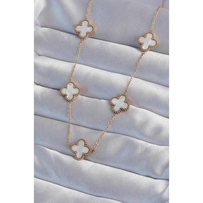 Erb 316L Çelik Gold Renk Beyaz Sedefli Yonca Kolye