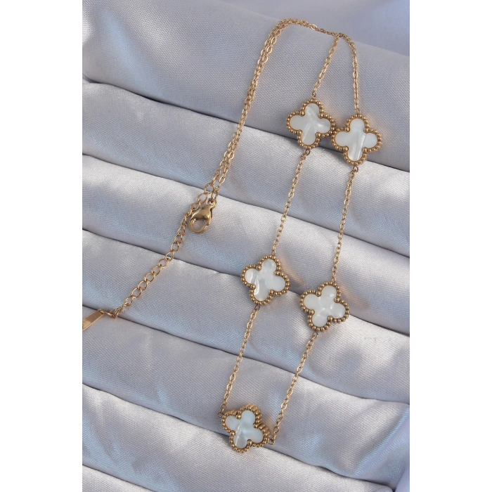 Erb 316L Çelik Gold Renk Beyaz Sedefli Yonca Kolye