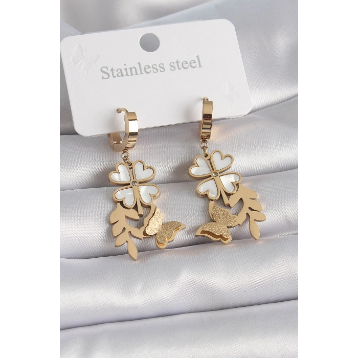 Erb 316L Çelik Gold Renk Beyaz Sedefli Yonca Simli Kelebek Figür Kadın Küpe