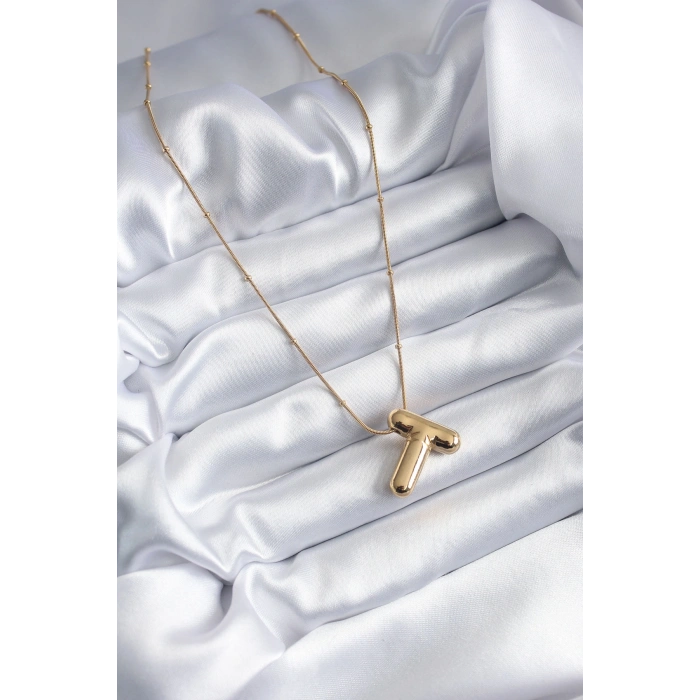 Erb 316L Çelik Gold Renk Bubble "T" Harf Model Kadın Kolye