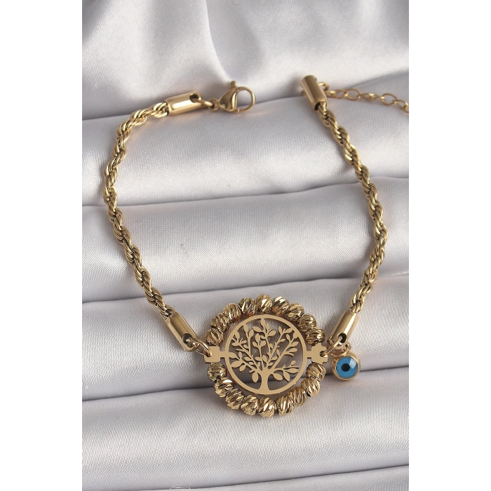 Erb 316L Çelik Gold Renk Burgu Zincir Model Dorika Yaşam Ağacı Figür Nazar Boncuk Detay Kadın Bileklik