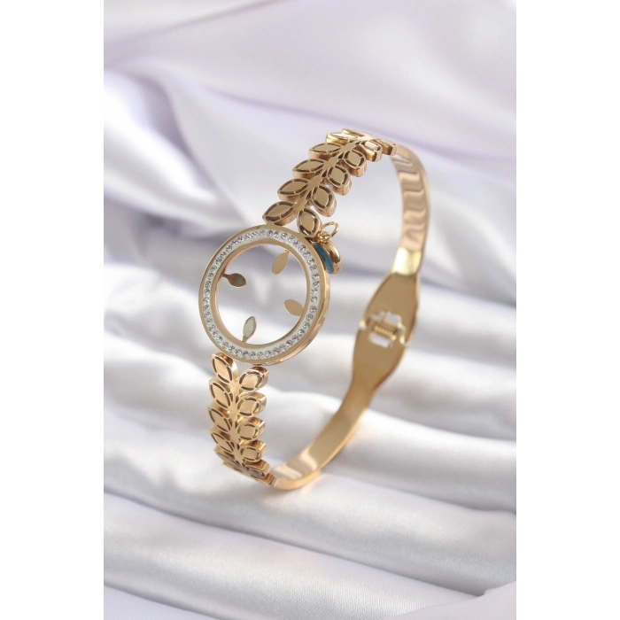 Erb 316L Çelik Gold Renk Çeyrek Takılabilen Zirkon Taş Detay Kadın Kelepçe