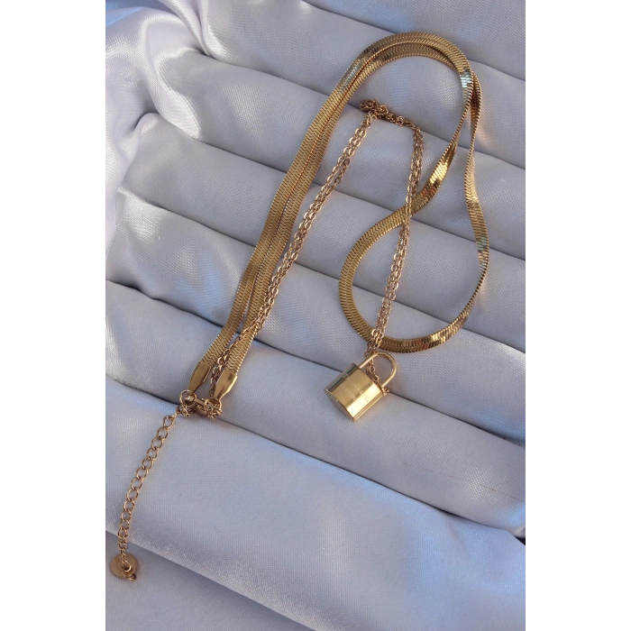 Erb 316L Çelik Gold Renk Çift Zincir Kilit Model Kolye