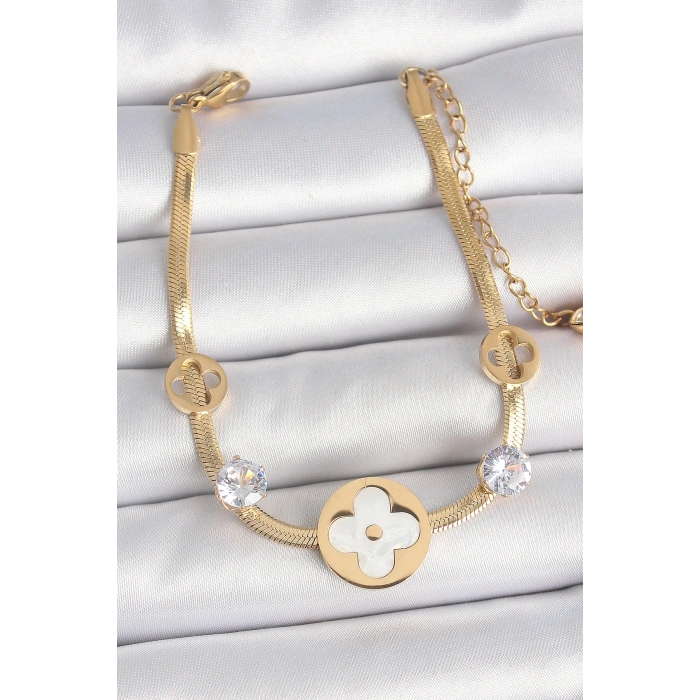 Erb 316L Çelik Gold Renk İtalyan Zincir Beyaz Mineli Yonca Model Zirkon Taş Detaylı Kadın Bileklik