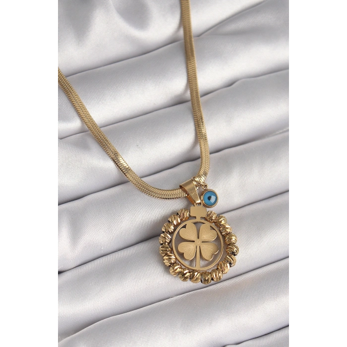 Erb 316L Çelik Gold Renk İtalyan Zincir Dorika Yonca Model Nazar Boncuk Detay Kadın Kolye
