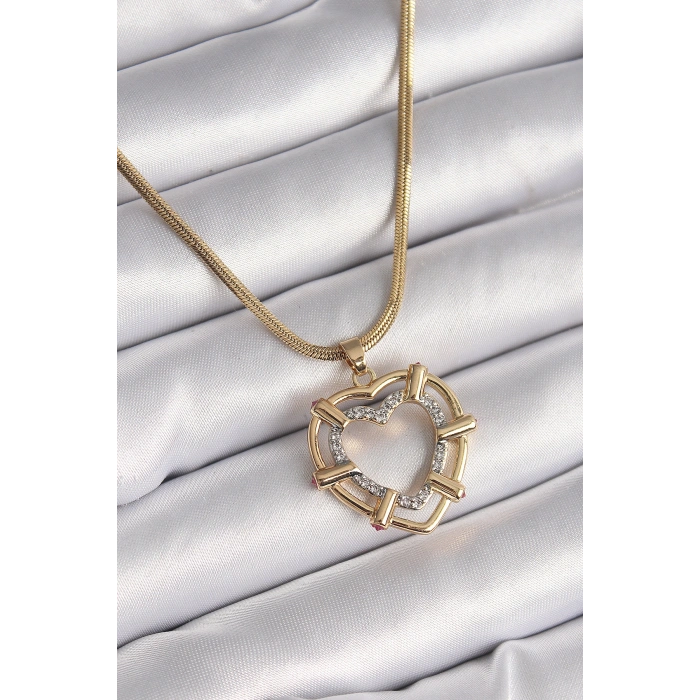 Erb 316L Çelik Gold Renk İtalyan Zincir Mix Renk Zirkon Taşlı Kalp Model Kadın Kolye