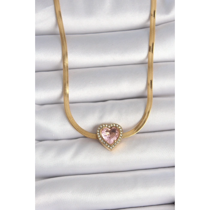 Erb 316L Çelik Gold Renk İtalyan Zincir Pembe Zirkon Taşlı Kalp Model Kadın Kolye