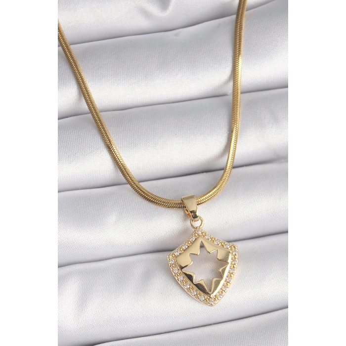 Erb 316L Çelik Gold Renk İtalyan Zincir Zirkon Taşlı Kutup Yıldız İşleme Kadın Kolye