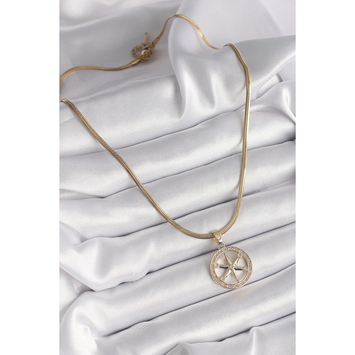 Erb 316L Çelik Gold Renk İtalyan Zincir Zirkon Taşlı Kutup Yıldız Model Kadın Kolye
