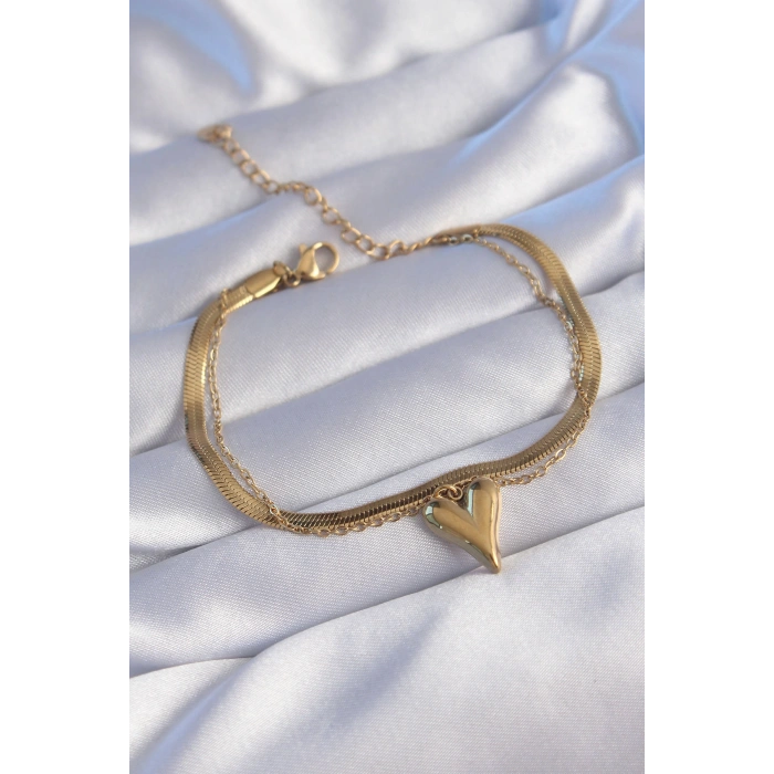 Erb 316L Çelik Gold Renk İtalyan Zincirli Kalp Model Bileklik