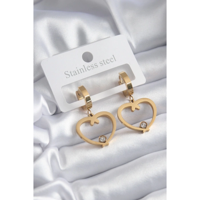 Erb 316L Çelik Gold Renk Kalp Model Zirkon Taş Detay Kadın Küpe