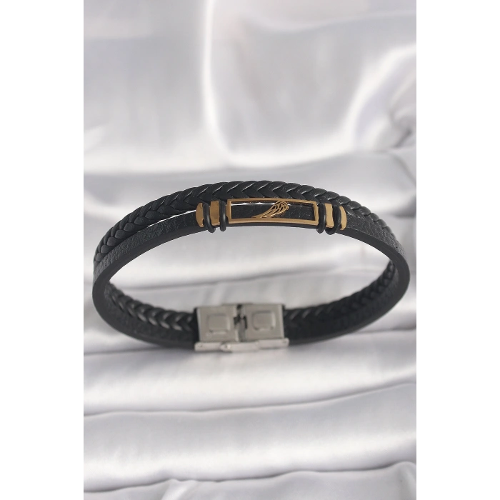 Erb 316L Çelik Gold Renk Kanat Aksesuarlı Siyah Burgu Model Deri Kordon Erkek Bileklik
