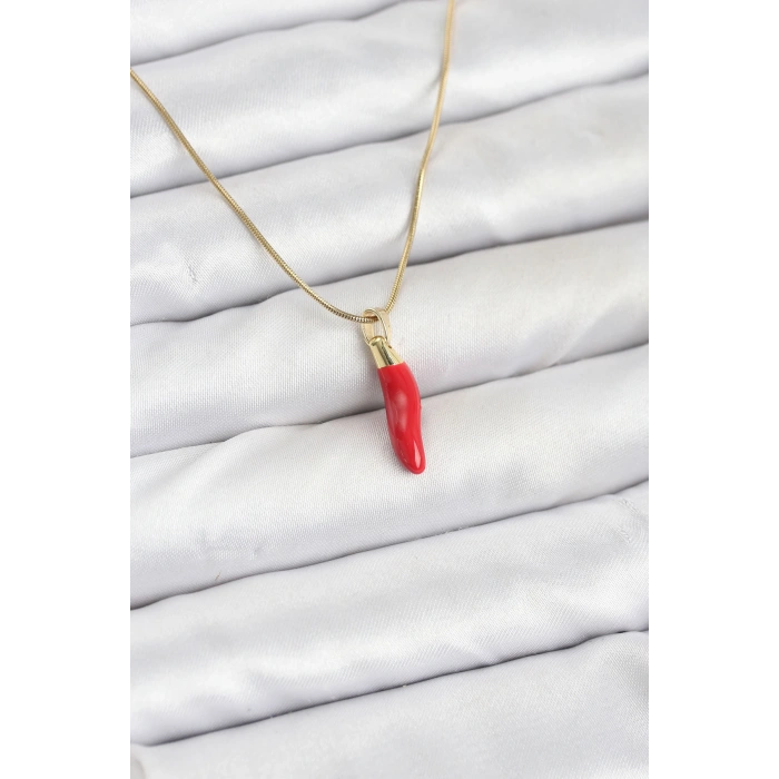 Erb 316L Çelik Gold Renk Kapya Kırmızı Biber Model Kadın Kolye