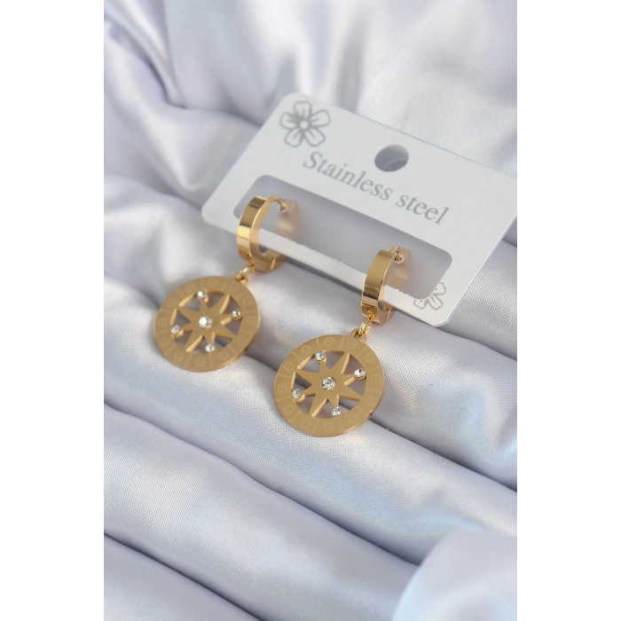 Erb 316L Çelik Gold Renk Kutup Yıldızı Model İşleme Detay Zirkon Taşlı Kadın Küpe