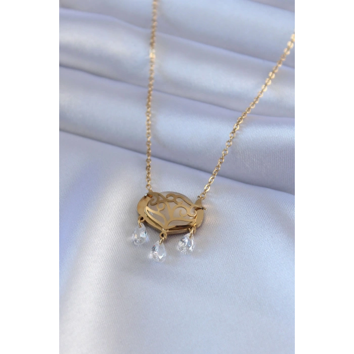 Erb 316L Çelik Gold Renk Lotus Model Zirkon Taşlı Kadın Kolye
