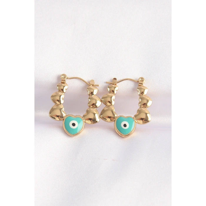 Erb 316L Çelik Gold Renk Mavi Nazarlı Kalpli Model Küpe