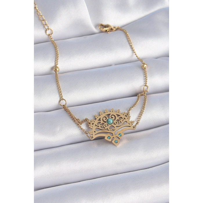 Erb 316L Çelik Gold Renk Mavi Taşlı Etnik Desen Kadın Bileklik