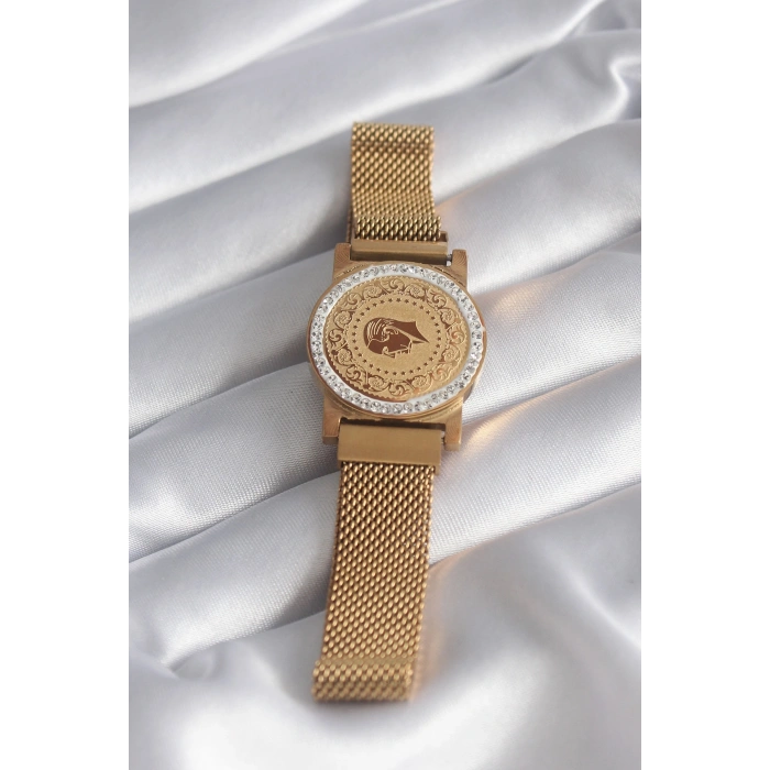 Erb 316L Çelik Gold Renk Mıknatıslı Hasır Zirkon Taşlı Çeyrek Altın Model Kadın Bileklik