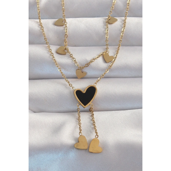 Erb 316L Çelik Gold Renk Mineli Çoklu Kalp Kolye