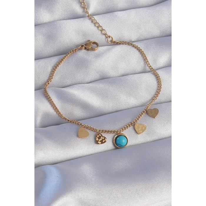 Erb 316L Çelik Gold Renk Minimal Kalpli Mavi Taş Detaylı Bileklik