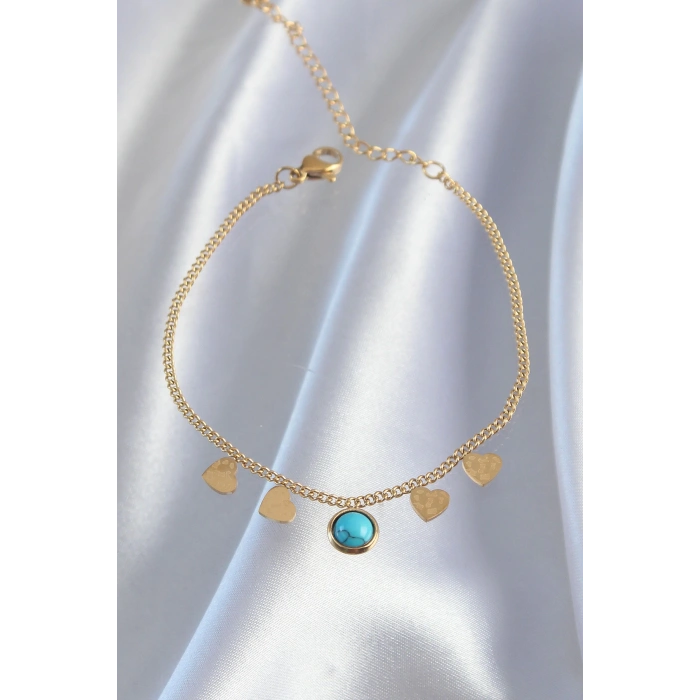 Erb 316L Çelik Gold Renk Minimal Kalpli Mavi Taş Detaylı Bileklik