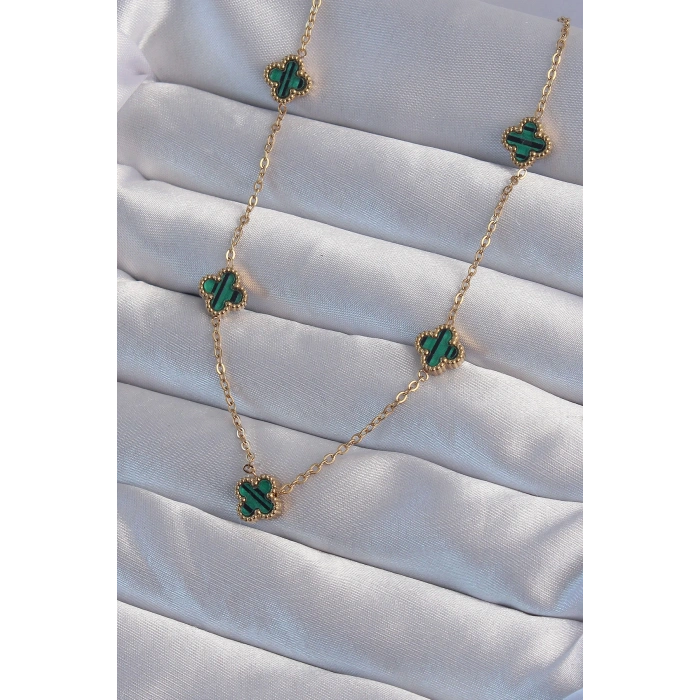 Erb 316L Çelik Gold Renk Minimal Yeşil Mineli Yonca Kolye