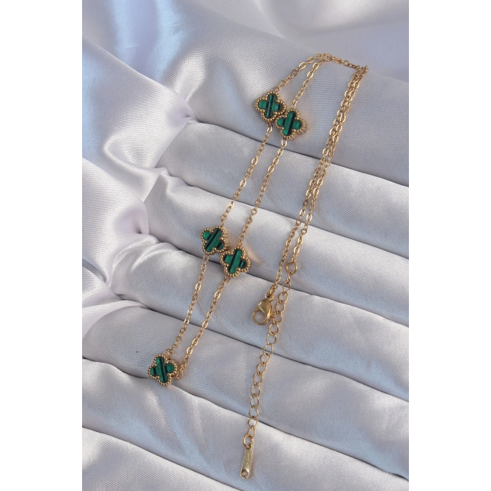 Erb 316L Çelik Gold Renk Minimal Yeşil Mineli Yonca Kolye