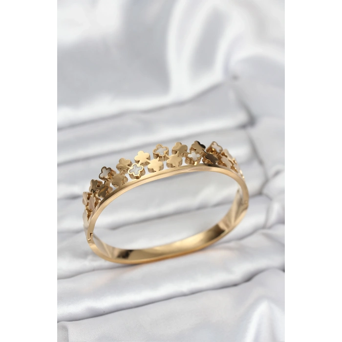 Erb 316L Çelik Gold Renk Minimal Yoncalı Kadın Kelepçe Bileklik