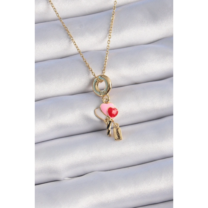 Erb 316L Çelik Gold Renk Renkli Kalp Figür Charm Model Kadın Kolye
