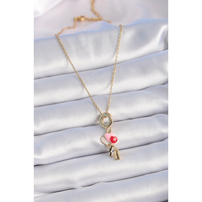 Erb 316L Çelik Gold Renk Renkli Kalp Figür Charm Model Kadın Kolye