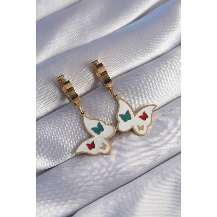 Erb 316L Çelik Gold Renk Renkli Mineli Kelebek Küpe