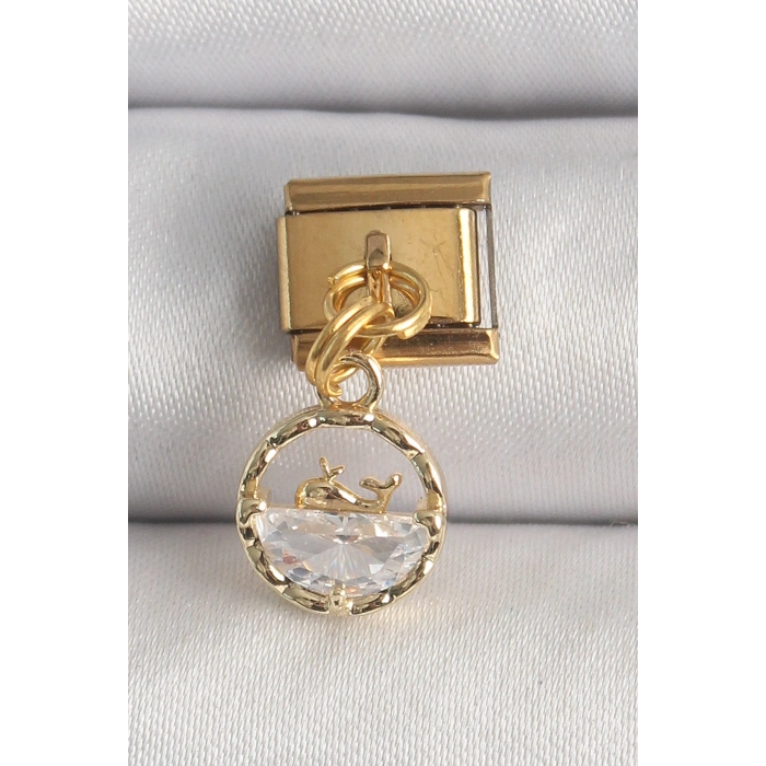 Erb 316L Çelik Gold Renk Sallantı Zirkon Taşlı Balina Model Nomination Charm
