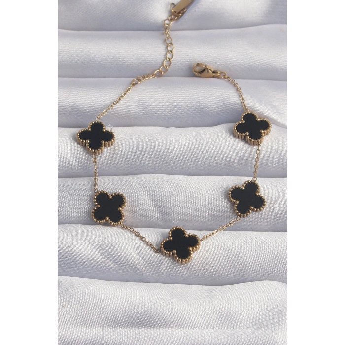 Erb 316L Çelik Gold Renk Siyah Mineli Yonca Bileklik