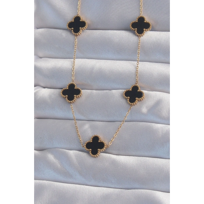 Erb 316L Çelik Gold Renk Siyah Mineli Yonca Kolye