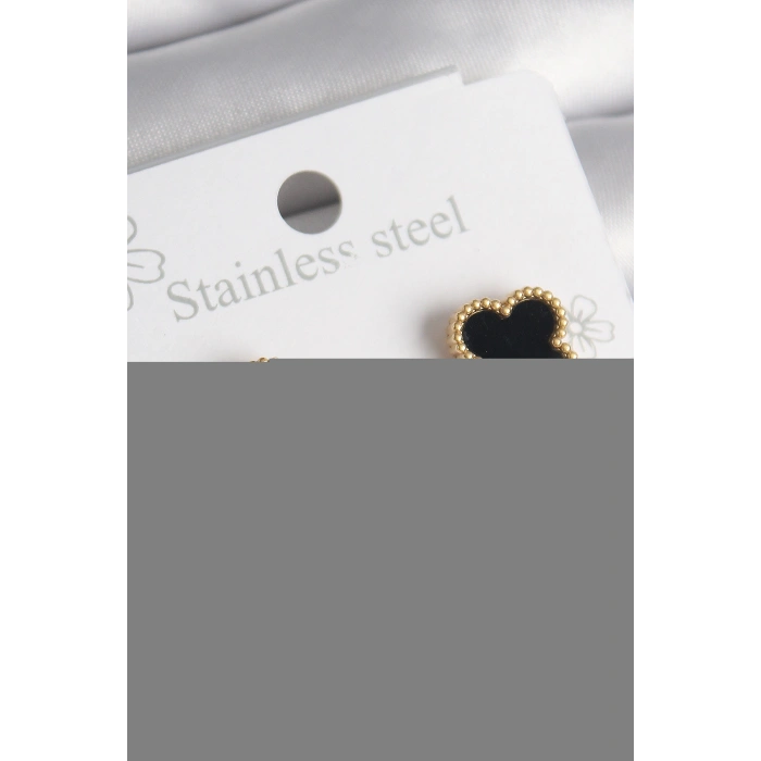 Erb 316L Çelik Gold Renk Siyah Yonca Model Kadın Küpe