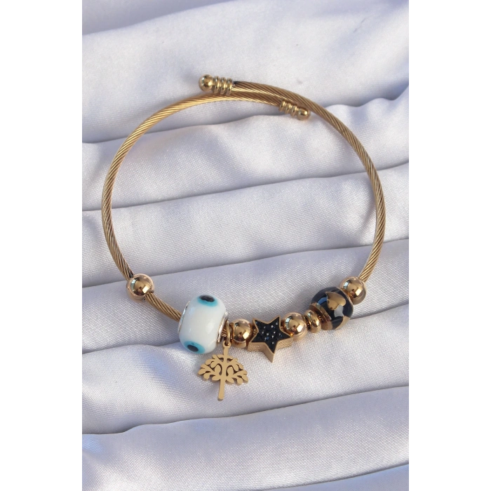 Erb 316L Çelik Gold Renk Siyah Zirkon Taşlı Yıldız Tasarımlı Ağaç Detay Nazarlı Charm Bileklik