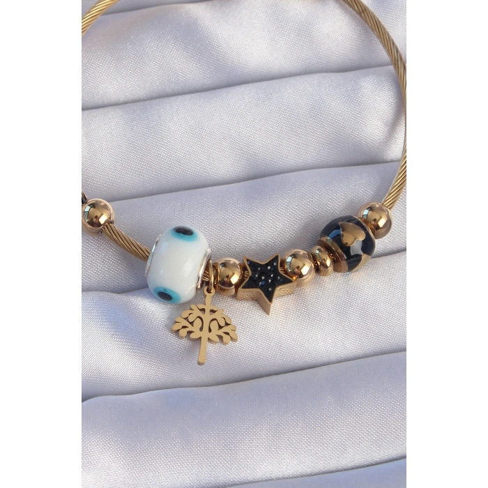 Erb 316L Çelik Gold Renk Siyah Zirkon Taşlı Yıldız Tasarımlı Ağaç Detay Nazarlı Charm Bileklik