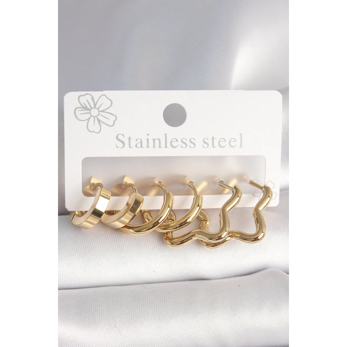 Erb 316L Çelik Gold Renk Yıldız Halka Model Kadın Küpe Seti