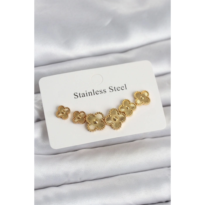 Erb 316L Çelik Gold Renk Yonca Küpe Seti