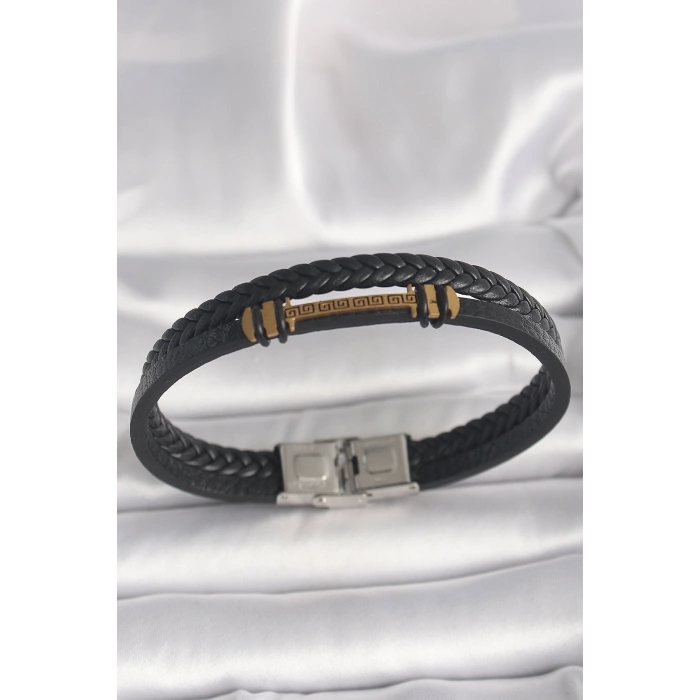 Erb 316L Çelik Gold Renk ZikZak İşlemeli Aksesuarlı Çift Sıra Burgu Desenli Deri Kordon Erkek Bileklik