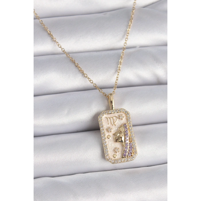 Erb 316L Çelik Gold Renk Zincir Başak Burcu Zirkon Taşlı Kadın Kolye