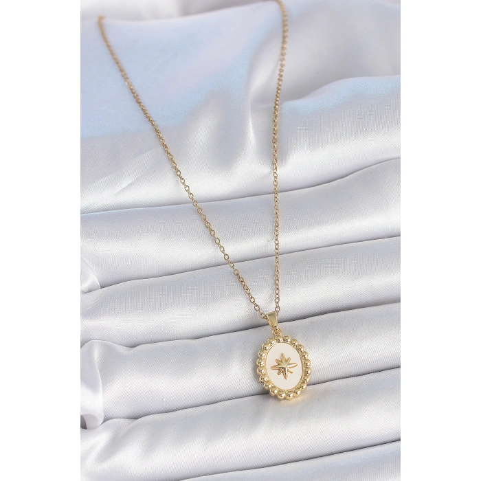 Erb 316L Çelik Gold Renk Zincir Beyaz Mineli Kutup Yıldız İşlemeli Madalyon Model Kadın Kolye