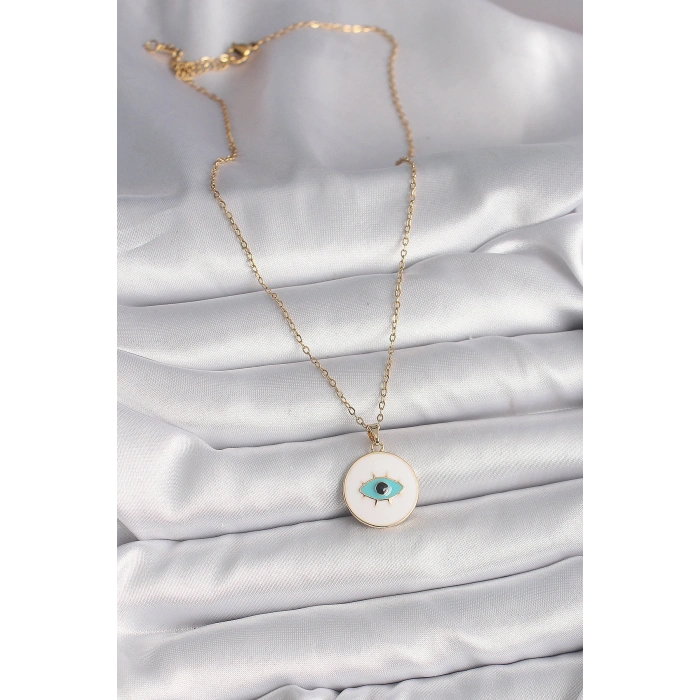 Erb 316L Çelik Gold Renk Zincir Beyaz Mineli Turkuaz Göz İşleme Model Kadın Kolye