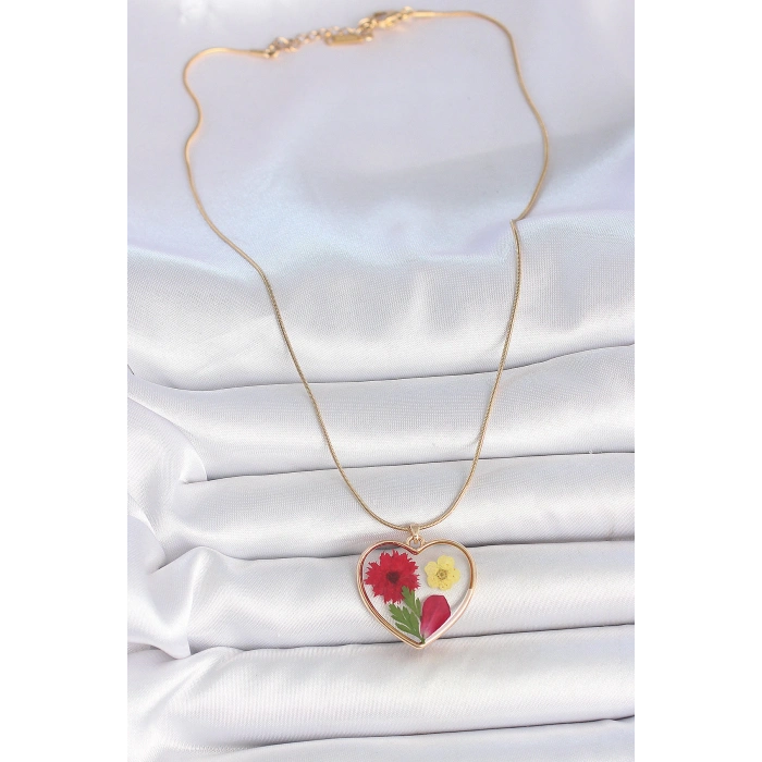 Erb 316L Çelik Gold Renk Zincir Epokis Kalp Doğal Çiçek Model Kadın Kolye