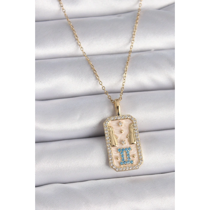 Erb 316L Çelik Gold Renk Zincir İkizler Burcu Zirkon Taşlı Kadın Kolye