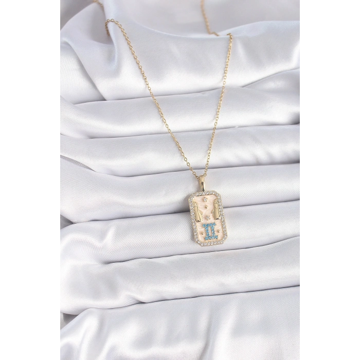 Erb 316L Çelik Gold Renk Zincir İkizler Burcu Zirkon Taşlı Kadın Kolye