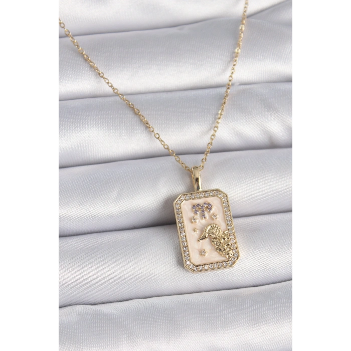 Erb 316L Çelik Gold Renk Zincir Koç Burcu Zirkon Taşlı Kadın Kolye