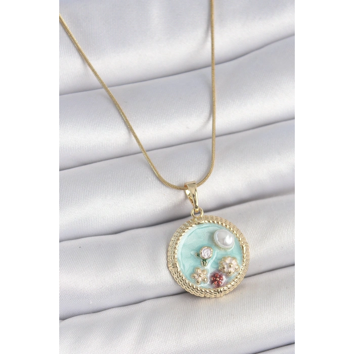 Erb 316L Çelik Gold Renk Zincir Mavi Mineli İnci Çiçek İşlemeli Zirkon Taş Detaylı Madalyon Model Kadın Kolye