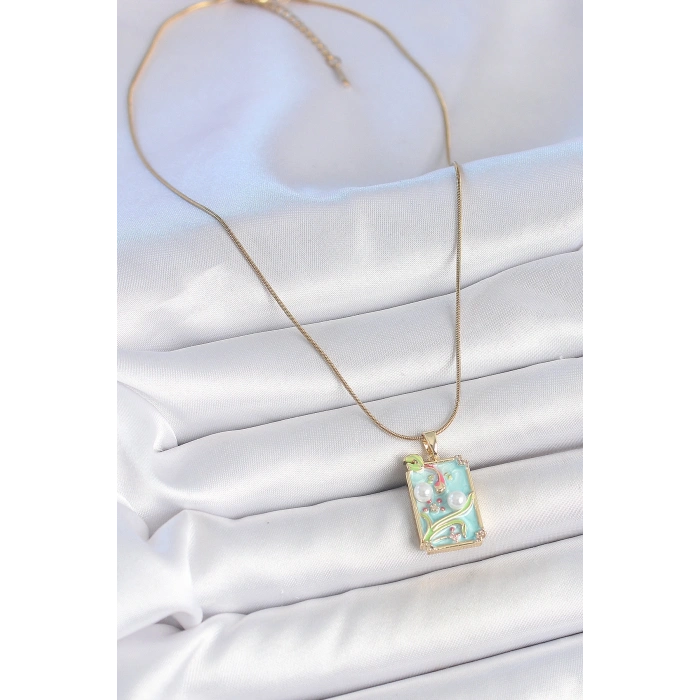 Erb 316L Çelik Gold Renk Zincir Mavi Mineli İncili Çiçek İşlemeli Portre Model Kadın Kolye